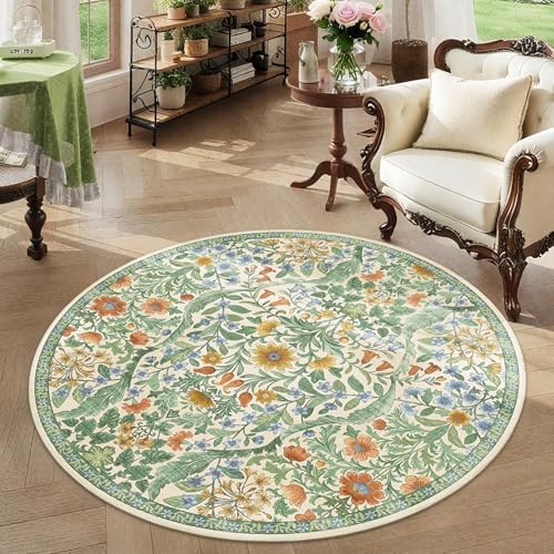 Round Rug 4ft Floral Circle Rug Green Botanical Indoor Area Rugs by NakedCloud