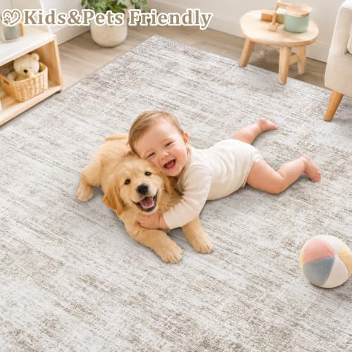 9x12 Area Rugs for Living Room Washable Rug Neutral Abstract Brown Carpet - Image 6