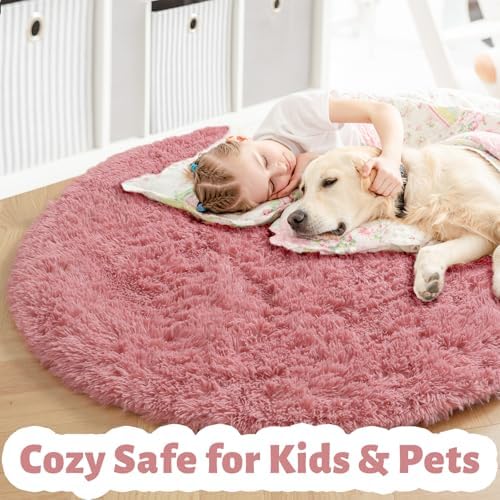 Amdrebio Blush Pink Big Round Fluffy Rug 7Ft - Image 3
