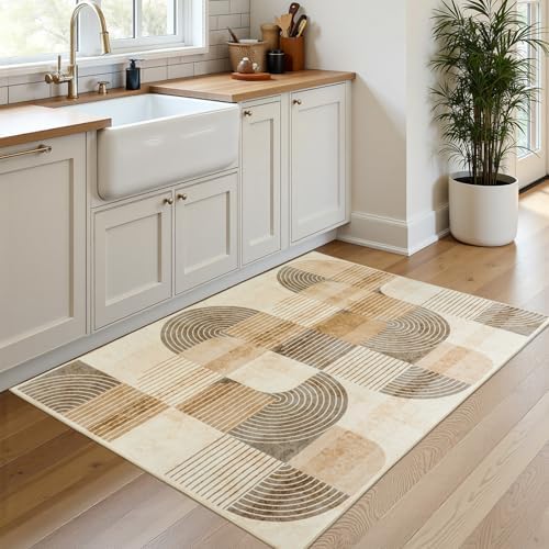 Washable Entryway Rug 2x3 ft, Neutral Beige Modern Geometric - Image 3