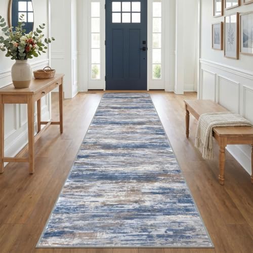 KOZYFLY Modern Wide Hallway Runner Rug 3x14 Washable Rug Runner Blue Rust by KOZYFLY