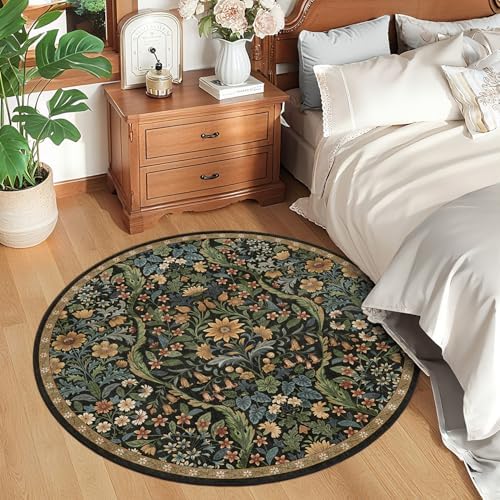 Round Rug 4ft Floral Circle Rug Brown Botanical Indoor Area Rugs - Image 2