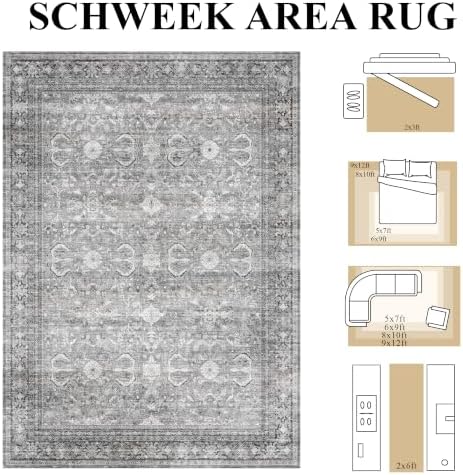 Schweek 9x12 Area Rug Grey Washable Living Room Rugs Distressed Vintage Rug - Image 2