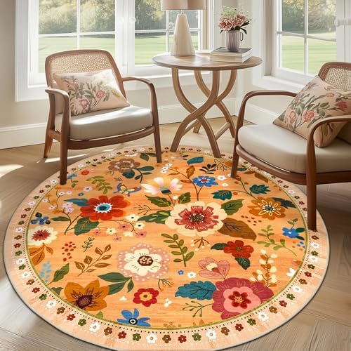 RELEANY Floral Washable Round 8ft Area Rug Orange/Yellow/Red - Image 6