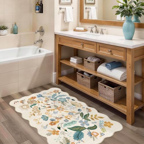 2x3 Rug Washable Runner for Entryway: Non Slip Floral Small Area Rug Cream - Image 2