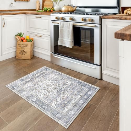 KUTA Vintage 2x3 Entryway Rug, Washable Small Area Rug Grey Blue - Image 3