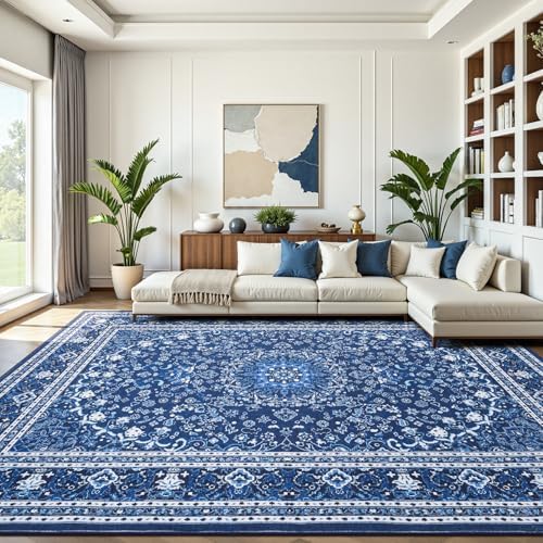 9x12 Area Rugs for Living Room, Washable Non-Slip Rug, Oriental Dark Blue by Lofus