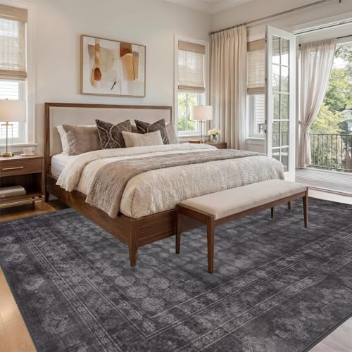 Washable Area Rug 9x12, Large Boho Living Room Rug, Dark Grey - Image 3