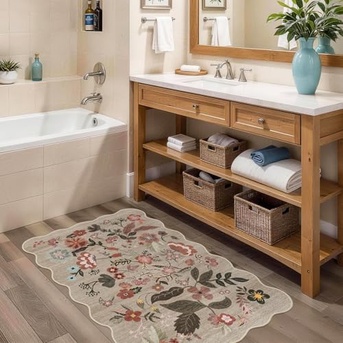2x3 Small Area Rug for Entryway: Washable Soft Floral Scalloped Rug Brown - Image 4