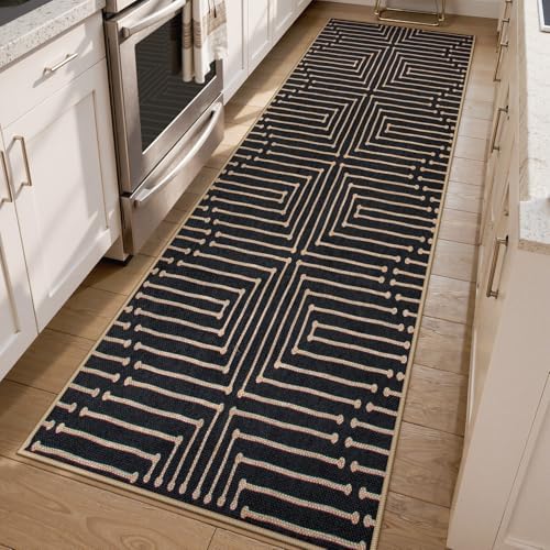 Lahome Maze Lines Washable Kitchen Runner Rug, 2x8 Black Outdoor Runner Rug by Lahome