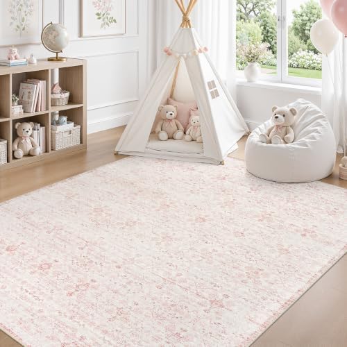 DCX Pink and Beige 4x6 Washable Rug, Kid & Pet Friendly - Image 6