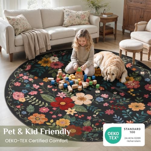 JOLLYVOGUE Floral Round Rug 8ft, Washable Rug - Image 3