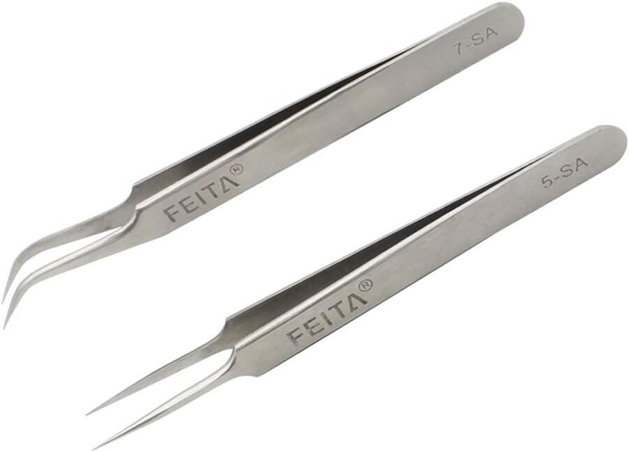 Professional Tweezers Set - FEITA Precision Tweezers with Travel Case - Stainless Steel Tweezers for Plucking, Watchmakers, Jewelry, Electronic, Craft (Silver 7Pcs)