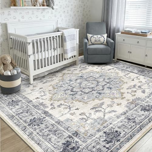 CAPALOCA 8x10 Washable Nursery Girls Low Pile Area Rug Blue White - Image 3