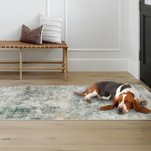 Abstract Washable Kitchen Runner 2x6: Non Slip Indoor Runners Rugs Green - Image 2