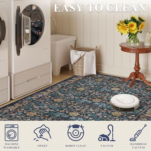 DUKINO 10x12 Area Rug for Living Room Vintage Floral Washable Rug Dark Blue - Image 6