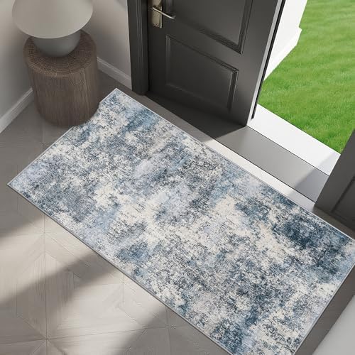 2x4 Rug for Entryway Washable: Non Slip Abstract Runner for Kitchen Blue by HILORUUG