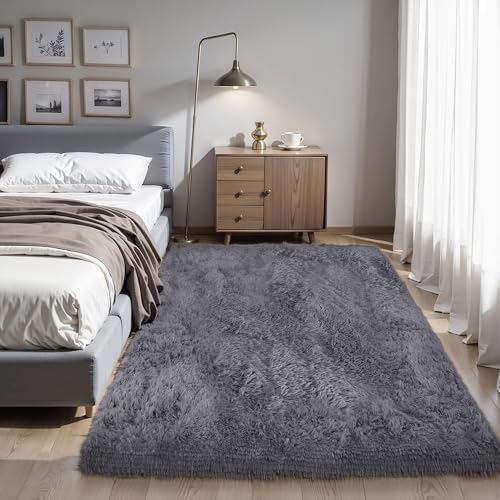 4x6 Thick Grey Fluffy Shag Rug for Bedroom, Plush Washable Carpet by KICHOWUA