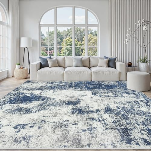 9x12 Area Rugs for Living Room Large Washable Abstract Blue Carpets by GENTDRIZZ