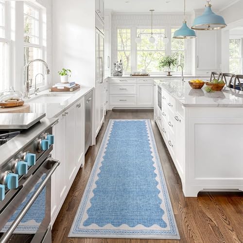 Garvee Washable Hallway Runner Rug 2x6 Runner Rug Bordered Wave Print Blue - Image 3