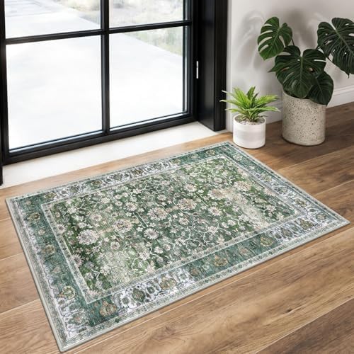 KUTA Vintage Floral Green Entryway Rug 2x3, Kitchen Rugs Washable - Image 4