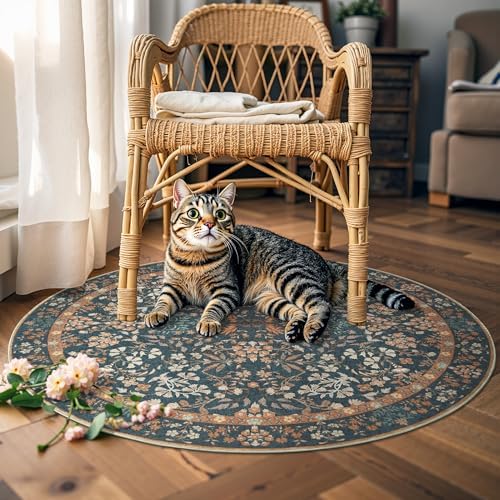 jinchan 5ft Washable Round Area Rug, Soft Floral Non-Slip, Dark Blue - Image 4