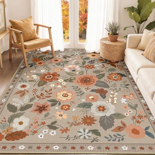 RELEANY Floral Washable 5x7 Area Rugs Brown/Brick by RELEANY