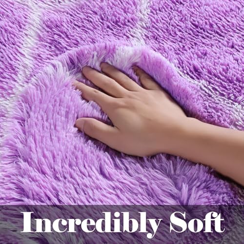 Area Rugs for Bedroom, 4x6 Fluffy Carpet Purple and White Geometric Rug - Image 2