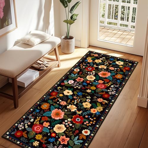 Floral Washable 2x6 Area Rugs Runner Entryway Hallway Black - Image 2
