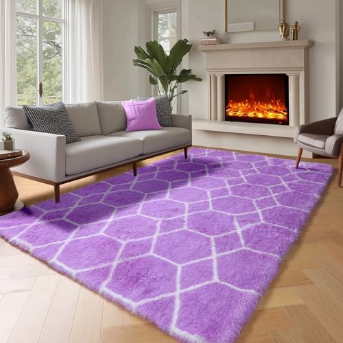 Area Rugs for Bedroom, 4x6 Fluffy Carpet Purple and White Geometric Rug - Image 5