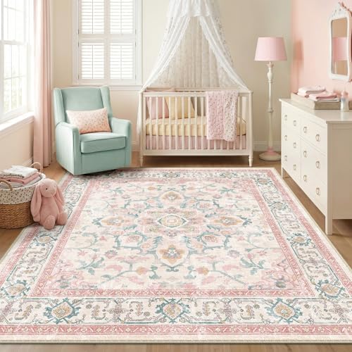 CAPALOCA Square 6ft Washable Nursery Girls Low Pile Area Rug Pink Teal - Image 3