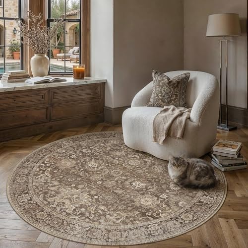 HUGEAR 4x4 Round Rugs Brown Vintage Rug by HUGEAR