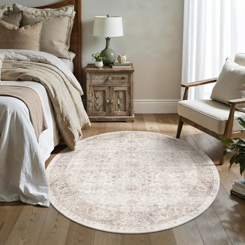 Round Rug 4ft Neutral Beige Washable Circle Rug - Image 2