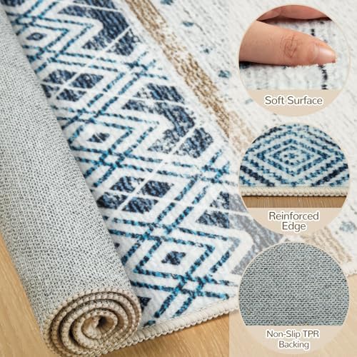 2x3 Washable Area Rugs for Living Room Boho Bathroom Rug Blue/Brown - Image 2