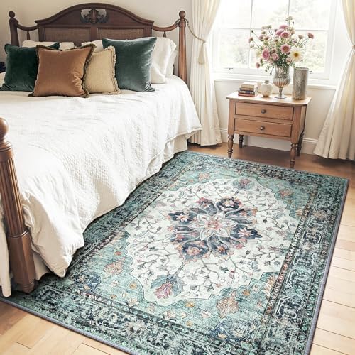 RELEANY Washable Area Rug, Teal Green/White/Navy - Image 2