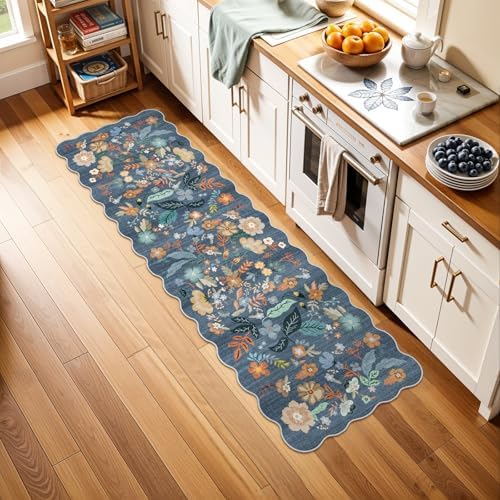 2x6 Washable Hallway Runner Rug: Blue Boho Floral Scalloped Kitchen Rug - Image 5