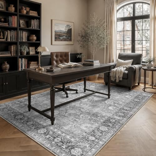 JOOJA 5x7 Grey Vintage Washable Area Rug, Soft Low Pile Living Room Rug - Image 2
