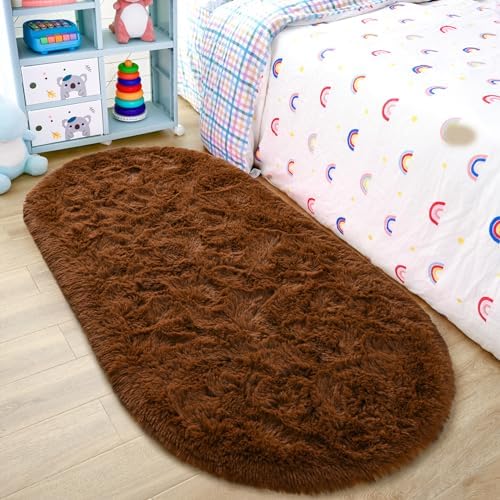 Noahas 2.6x5.3 Brown Fluffy Soft Oval Rug Non-Slip by ModernHomeDecor