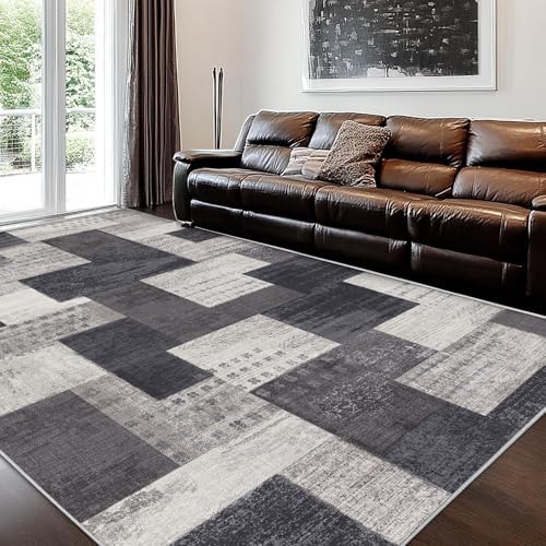 Modern Geometric Patchwork Indoor Charcoal Area Rug - Image 3