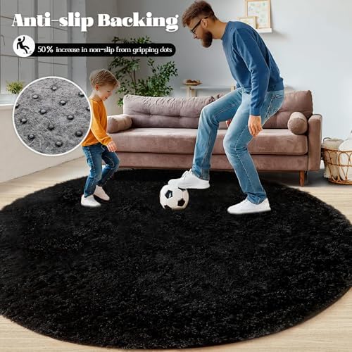Black Round Rugs for Bedroom: 4ft Circle Fluffy Shag Soft Washable Rug Small - Image 5