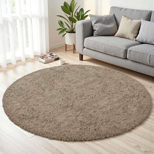 Grey Camel Round Fluffy Rug 6ft Plush Fuzzy Shaggy Carpet by Unknown