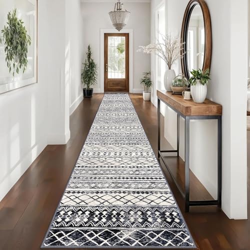 KUTA Boho Runner Rug for Hallway 2.6x16 Moroccan Washable Black Navy Blue by KUTA