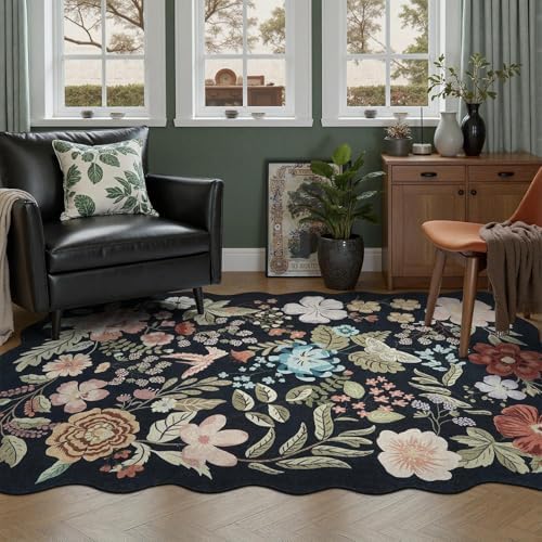 DCX Black Floral Rug 5x7, Washable Black Rug - Image 3