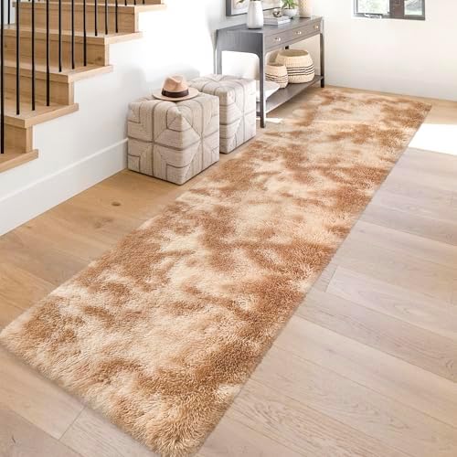 Super Soft Fluffy Living Room Area Rugs 2x10 ft Tie-Dyed Beige Shaggy Furry - Image 3