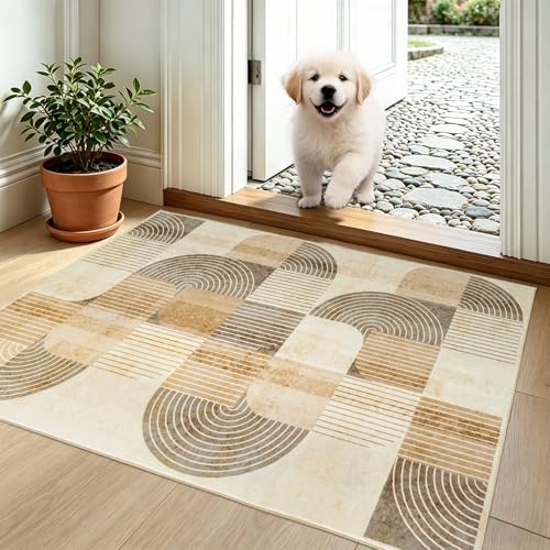 Washable Entryway Rug 2x3 ft, Neutral Beige Modern Geometric - Image 2