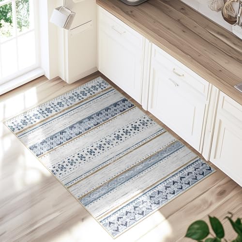 2x3 Washable Area Rugs for Living Room Boho Bathroom Rug Blue/Brown - Image 6