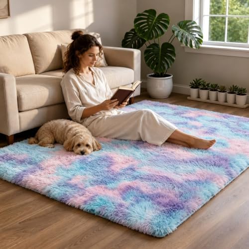 4x6 Blue Rainbow Fluffy Area Rug - Image 4