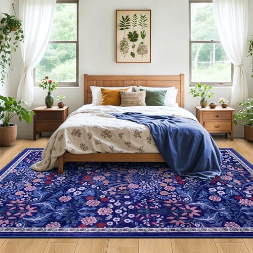 PLHXFR Area Rug 10x14 Living Room: Floral Washable Boho Soft Carpet Blue - Image 3