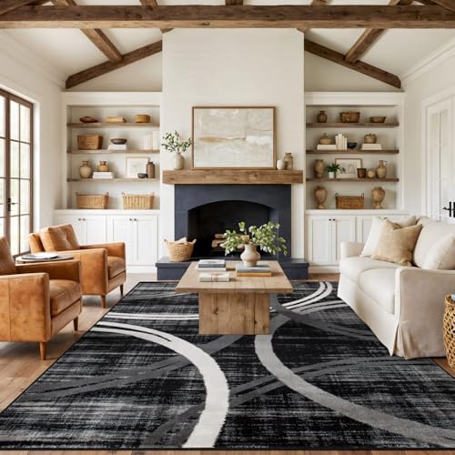 Rugshop Wavy Circles Modern Jute Backing Area Rug Black 7'10" x 10'2" by Rugshop
