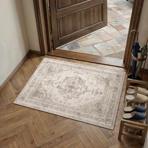 2x3 Entryway Area Rug Taupe Vintage Distressed Netural Carpet - Image 2